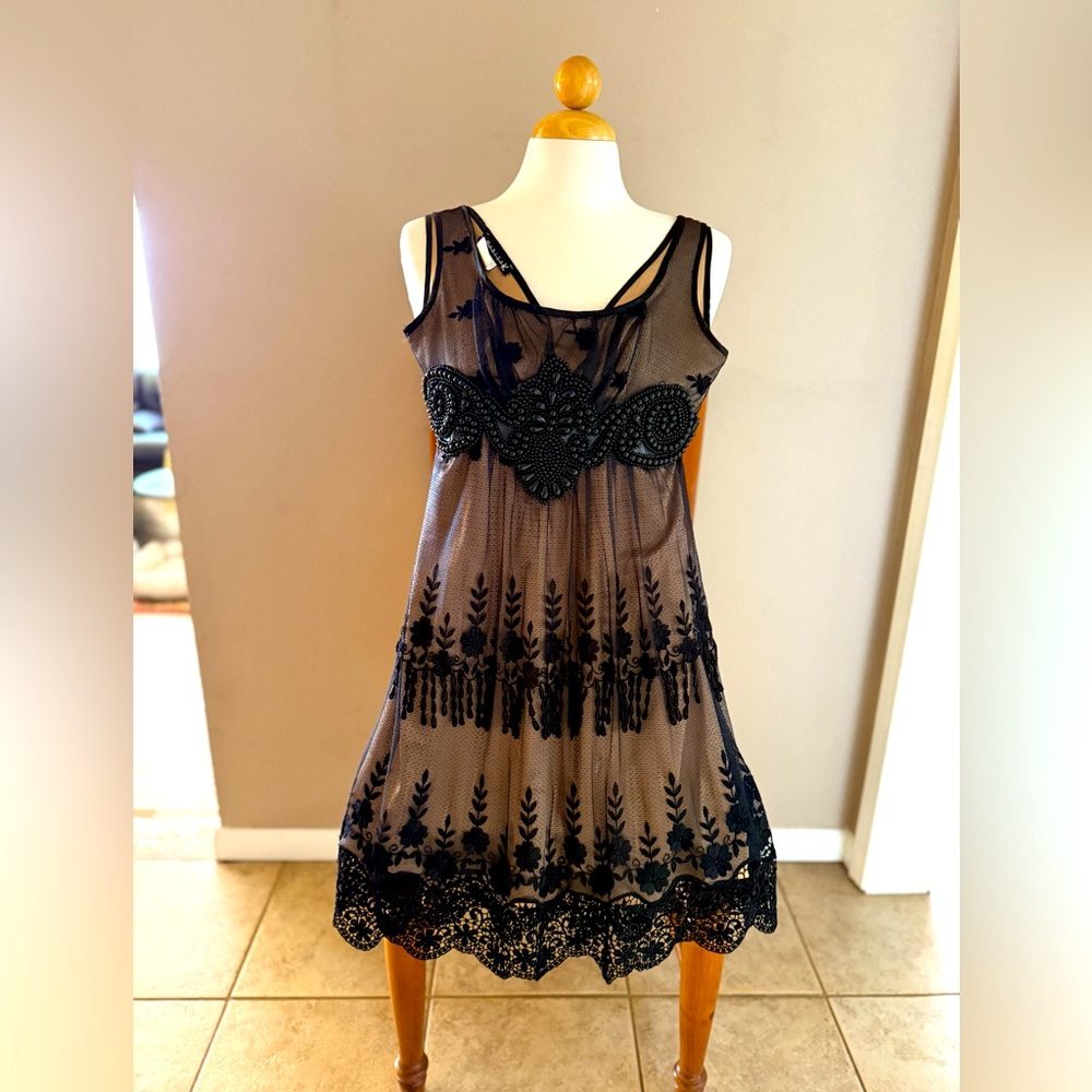 Marisa K. Sheer Beaded Dress w Slip - XS - Vintage Gothic Glam Flapper